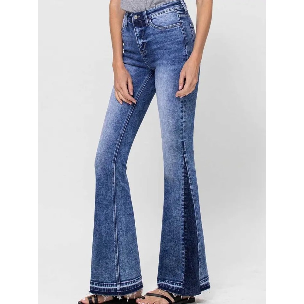 Vervet High Rise Flare Jeans Two Tone Side Panel Raw Hem Blue V2527 Size 31